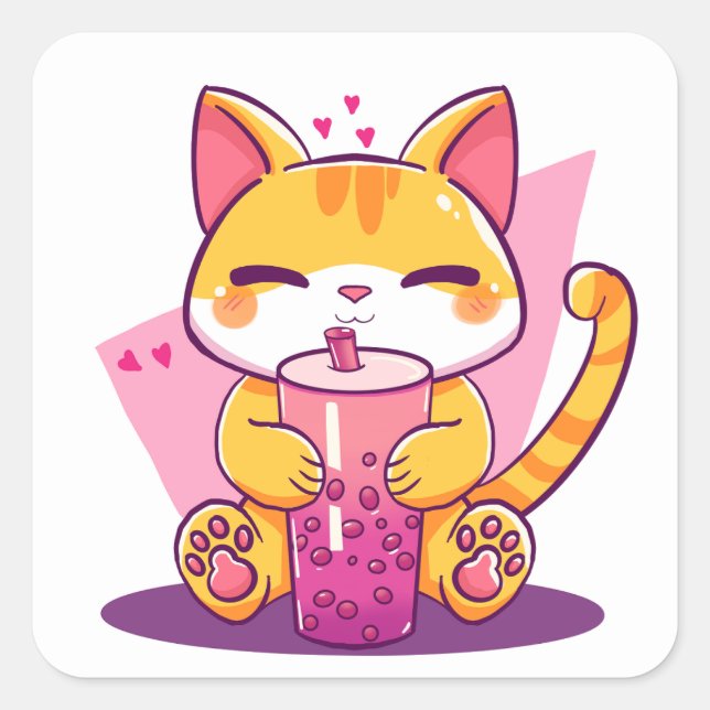 Pegatina Cuadrada Burbuja de Té Gatito (Anverso)