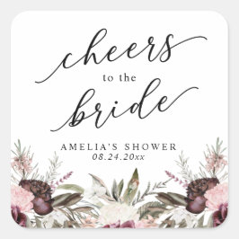 Pegatina Cuadrada Burgundy Boho Floral Despedida de Soltera