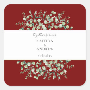 Pegatina Cuadrada Burgundy Eucalyptus Juntos Por Siempre Boda