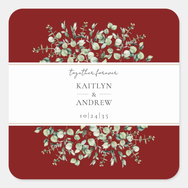 Pegatina Cuadrada Burgundy Eucalyptus Juntos Por Siempre Boda  (Anverso)