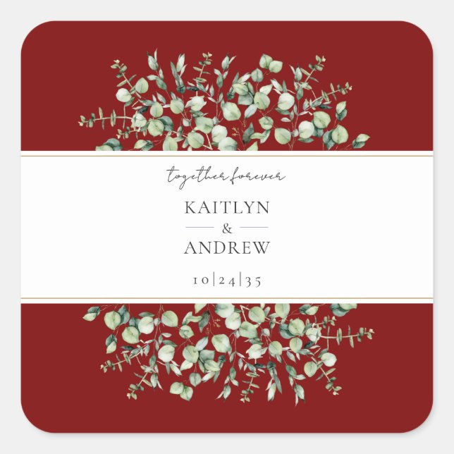 Pegatina Cuadrada Burgundy Eucalyptus Together Forever Wedding  (Anverso)