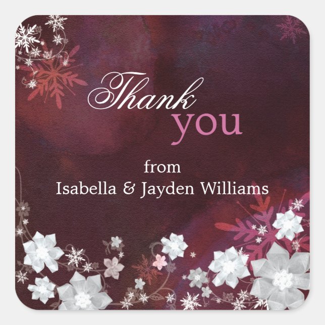 Pegatina Cuadrada Burgundy Floral Winter Wedding Gracias (Anverso)