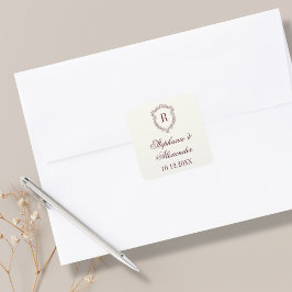 Pegatina Cuadrada Burgundy & Ivory Monogram Crest Old Money Wedding