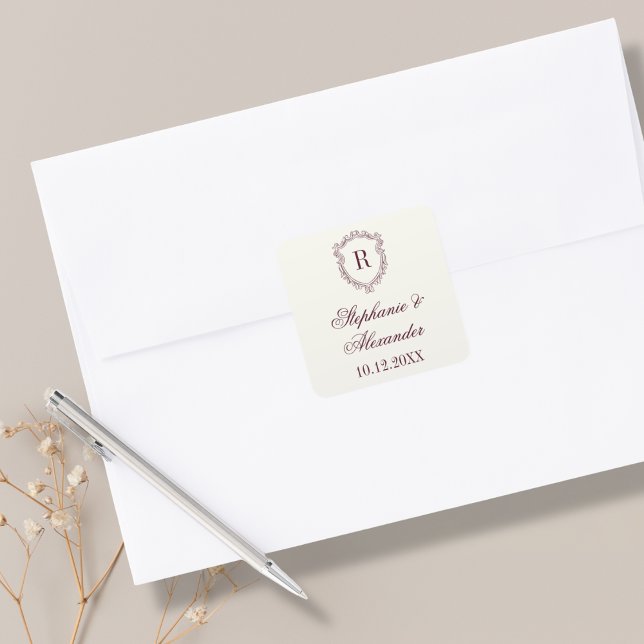 Pegatina Cuadrada Burgundy & Ivory Monogram Crest Old Money Wedding (Subido por el creador)