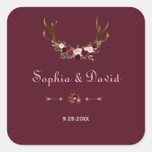 Pegatina Cuadrada Burgundy Marsala Floral Antlers Boda