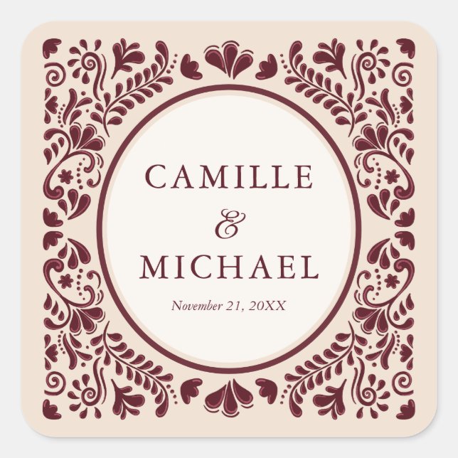Pegatina Cuadrada Burgundy Mexican Talavera Wedding Sticker (Anverso)