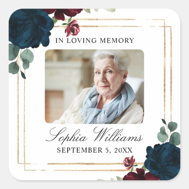Pegatina Cuadrada Burgundy & Navy  Memorial Funeral Square Sticker (Anverso)