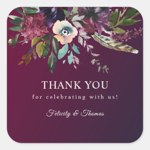 Pegatina Cuadrada Burgundy Romance Watercolor Floral Gracias