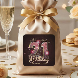Pegatina Cuadrada Burgundy Rose Gold Faux Glitter Glam 21st Birthday