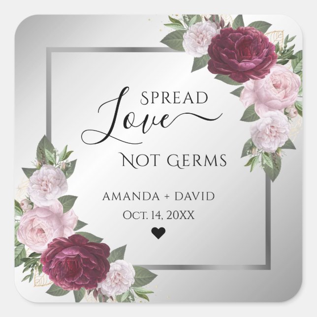 Pegatina Cuadrada Burgundy Rubor Silver Floral Spread Love (Anverso)