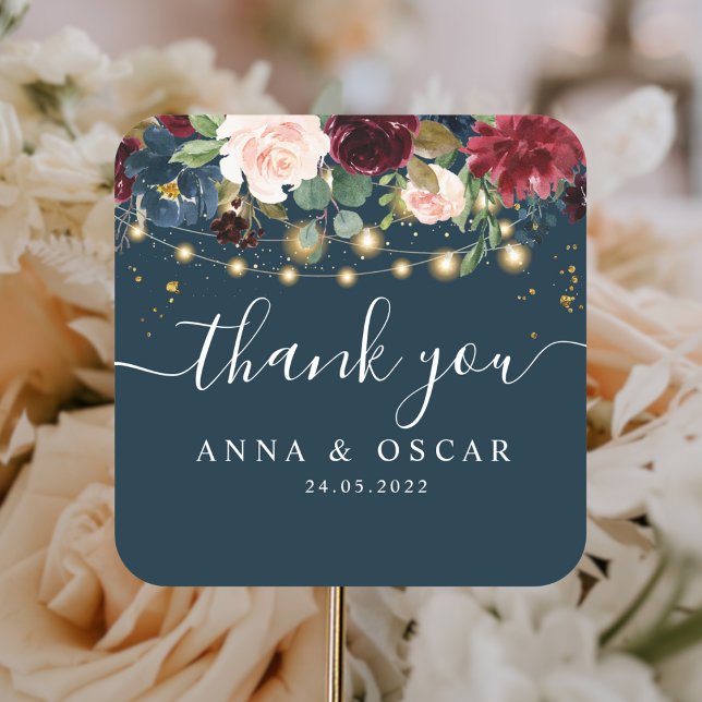 Pegatina Cuadrada Burgundy Rústico Azul Marino Y Flores Rojas  & Luc (Subido por el creador)