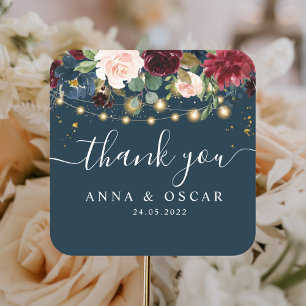 Pegatina Cuadrada Burgundy Rústico Flores y Luces Azules y Rojas