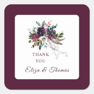 Pegatina Cuadrada Burgundy Splendor Boho Boda Floral Gracias