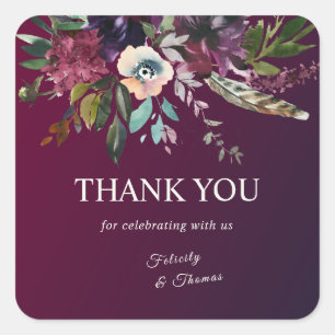 Pegatina Cuadrada Burgundy Splendor Watercolor Boho Floral Gracias