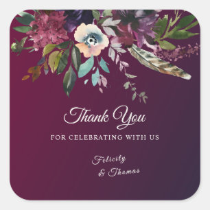 Pegatina Cuadrada Burgundy Splendor Watercolor Floral Gracias