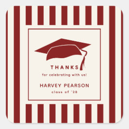 Pegatina Cuadrada Burgundy Stripes Custom Graduation Party Thank You