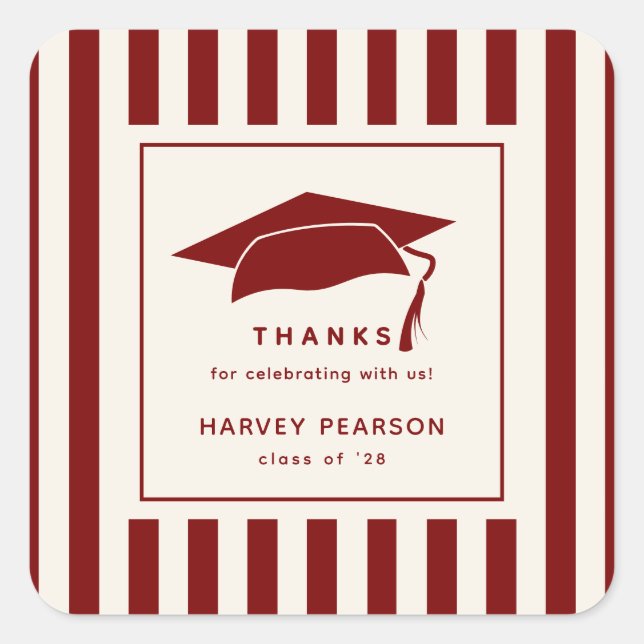 Pegatina Cuadrada Burgundy Stripes Custom Graduation Party Thank You (Anverso)