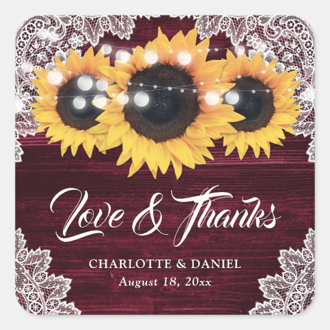Pegatina Cuadrada Burgundy Wood Lace Sunflower Wedding Thank You (Anverso)