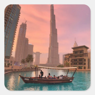 Pegatina Cuadrada Burj Khalifa Bote Lake Cityscape