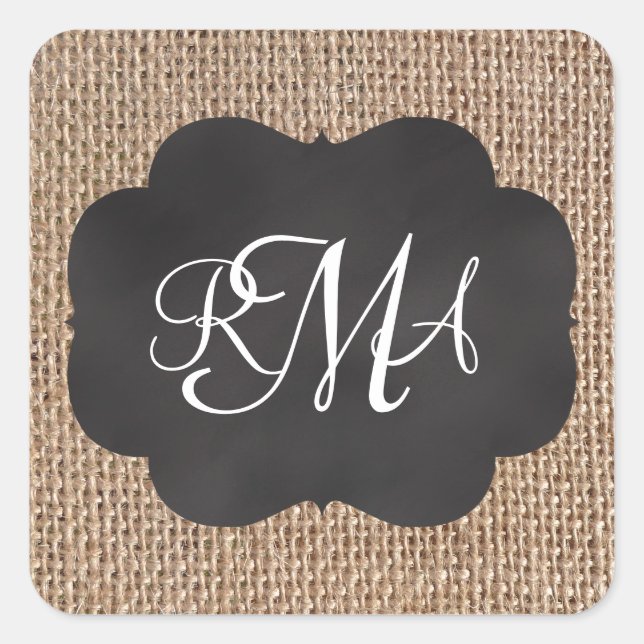 Pegatina Cuadrada Burlap Chalkboard Look Triple Guión Monogramado (Anverso)