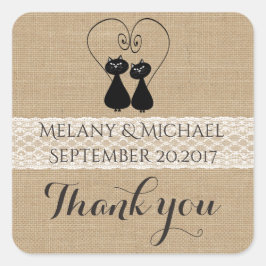 Pegatina Cuadrada Burlap gatos raras y enamorados boda gracias