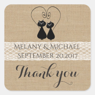 Pegatina Cuadrada Burlap gatos raras y enamorados boda gracias