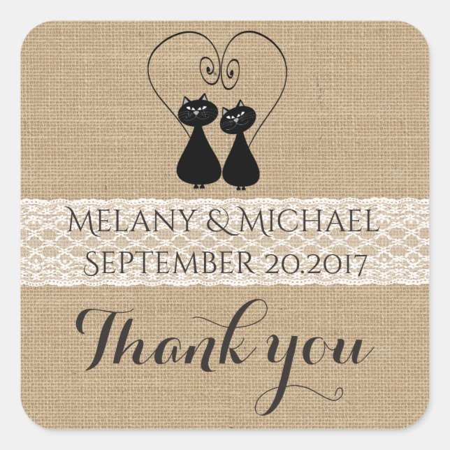 Pegatina Cuadrada Burlap gatos raras y enamorados boda gracias (Anverso)