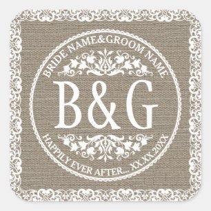 Pegatina Cuadrada Burlap&Lace personalizado de novia&groom