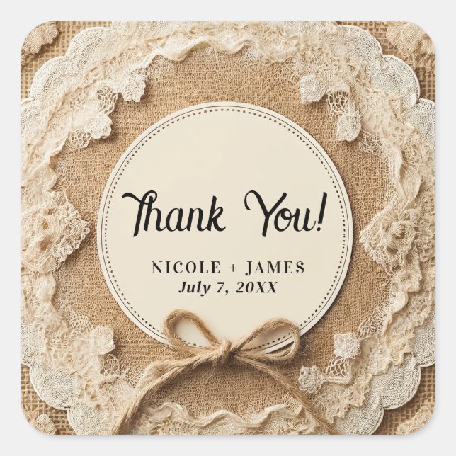 Pegatina Cuadrada Burlap Lace y Twine Bow Rustic Boda (Anverso)