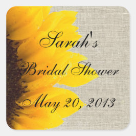 Pegatina Cuadrada Burlap Linen Sunflower Photo Bridal Shower