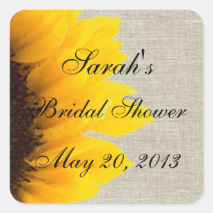 Pegatina Cuadrada Burlap Linen Sunflower Photo Bridal Shower