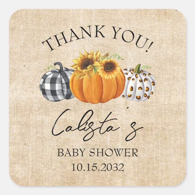 Pegatina Cuadrada Burlap Pumpkin y Sunflower Baby Shower Gracias (Anverso)