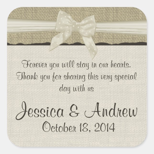 Pegatina Cuadrada Burlap y Bow Rustic Country (Anverso)