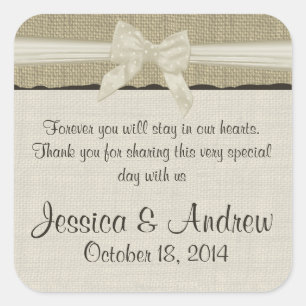 Pegatina Cuadrada Burlap y Bow Rustic Country