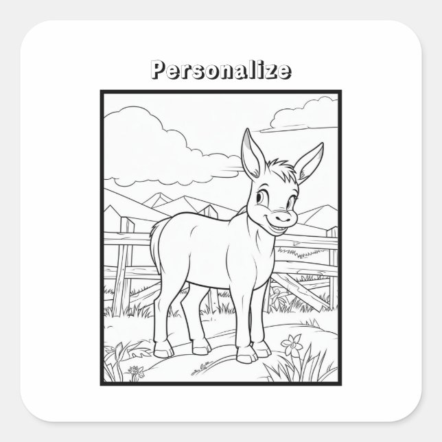 Pegatina Cuadrada Burro De Color En La Granja Personaliza (Anverso)