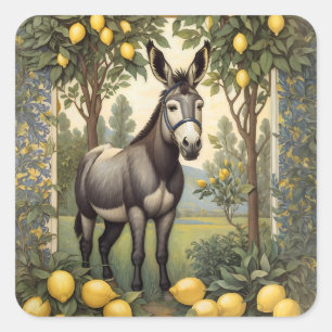 Pegatina Cuadrada Burro vintage bajo los limoneros