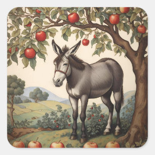 Pegatina Cuadrada Burro Vintage Bajo Un Árbol De Apple