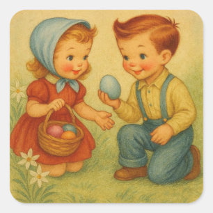 Pegatina Cuadrada Búsqueda de huevos de Pascua vintage/retro de los