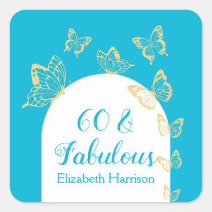 Pegatina Cuadrada Butterflies de oro azul moderno Fabuloso cumpleaño