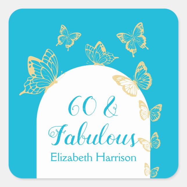 Pegatina Cuadrada Butterflies de oro azul moderno Fabuloso cumpleaño (Anverso)
