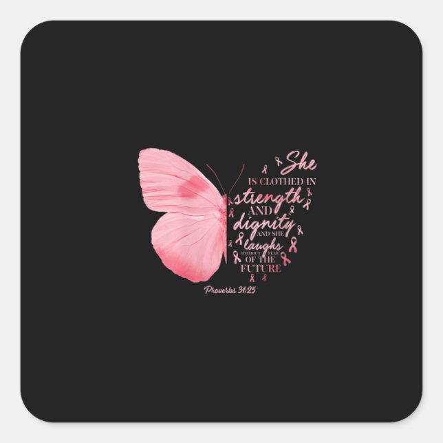 Pegatina Cuadrada Butterfly Pink Ribbon Breast Cancer Religious (Anverso)