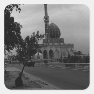 Pegatina Cuadrada BW Iraq Bagdad Mezquita Buniya 1970