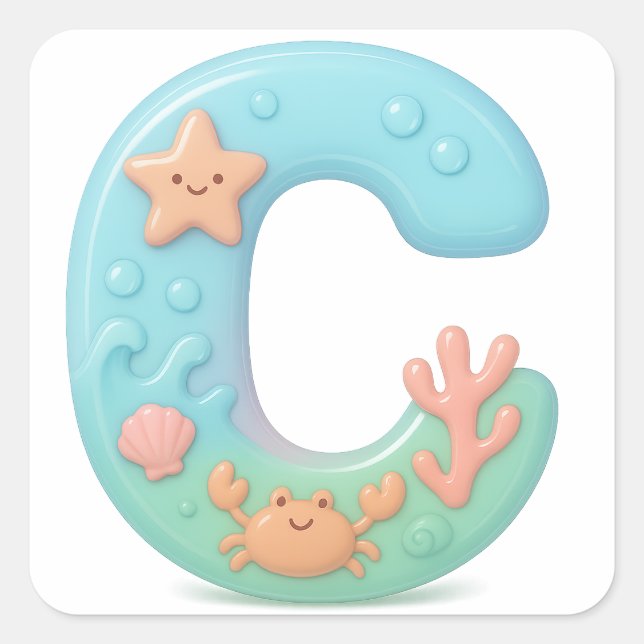 Pegatina Cuadrada "C" Cute Bubble Letter - Underwater Sea Creature A (Anverso)
