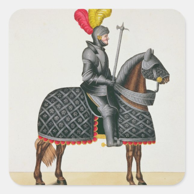 Pegatina Cuadrada Caballero armado en su caballo, plato de 'A Histo (Anverso)