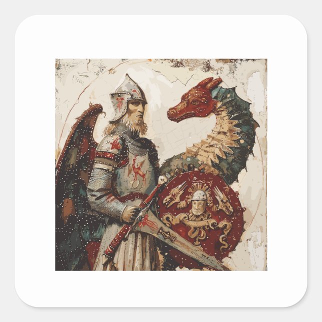 Pegatina Cuadrada Caballero medieval con dragón (Anverso)