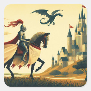 Pegatina Cuadrada Caballero medieval y wyvern