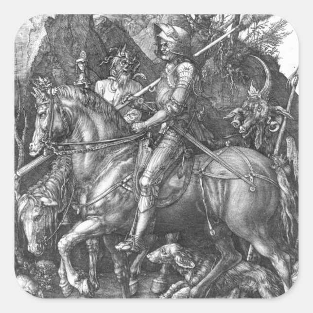 Pegatina Cuadrada Caballero, muerte y el diablo, 1513 (grabado) (Anverso)