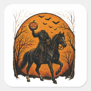 Pegatina Cuadrada Caballero sin cabeza en caballo calabaza Halloween