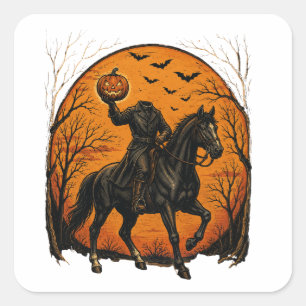Pegatina Cuadrada Caballero sin cabeza en caballo calabaza Halloween