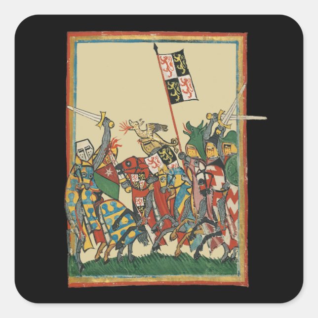 Pegatina Cuadrada Caballeros cargando, Manesse del Codex del Siglo X (Anverso)